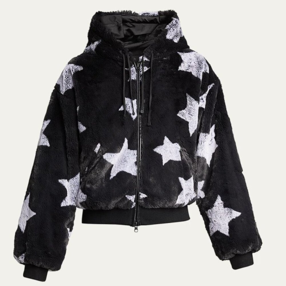 Blanc Noir Faux-Fur Reversible Star Hoodie - LARGE - Furry Soft Black Grey Stars